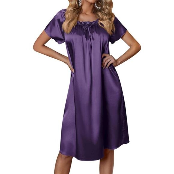 Women's Satin Pleated Nightgown Sleep Dress Purple - Picture 1 of 5